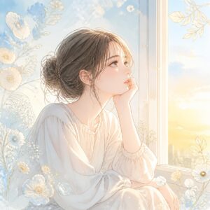 窓辺で遠くを見つめる女性