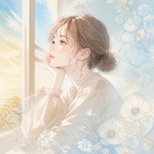 傷心の女性が窓辺で遠くを見つめているイラスト